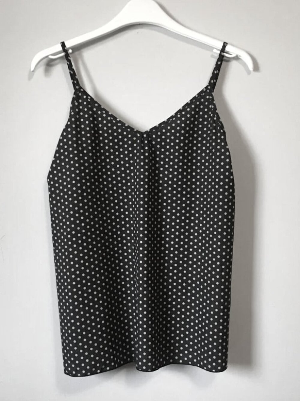 ICHI DENMARK Julian Liquid Satin Black and Tan Polka Dot Camisole S Retro Chic